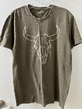 Lucky Brand Olive Green Short-Sleeve Tee with White Skull Graphic